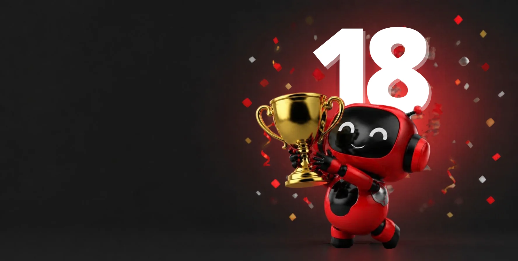CDM red AI robot holding a gold award in front of a red 18, celebrating 18 award wins for Corrie D Marketing