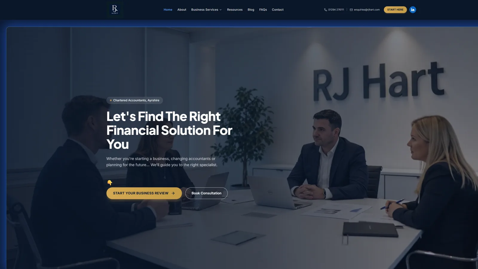 RJ Hart & Company Limited homepage — a live CDM Smart AI Website built by Corrie D Marketing for chartered accountants in Ayrshire