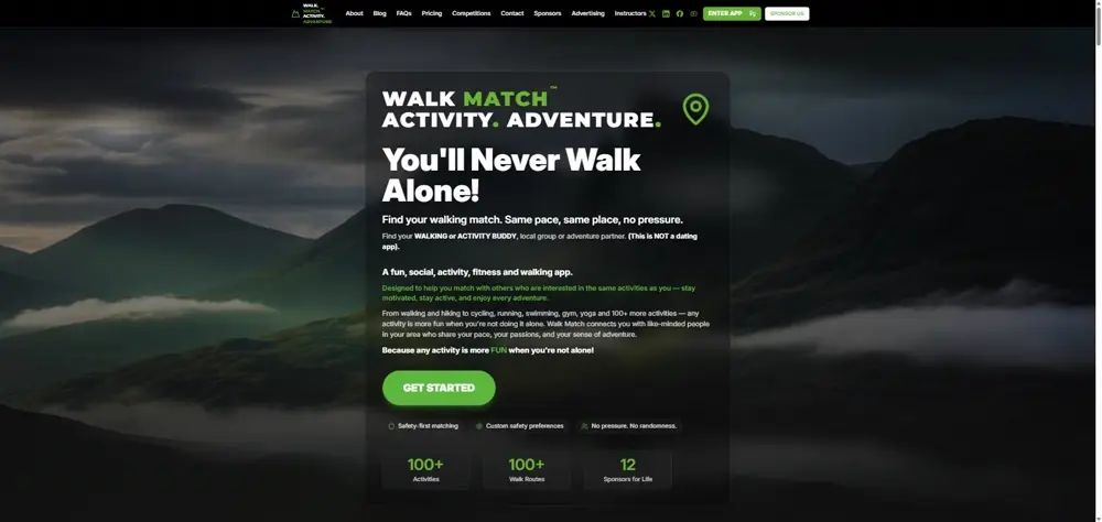WALK. MATCH. activity and adventure app homepage built by Corrie D Marketing