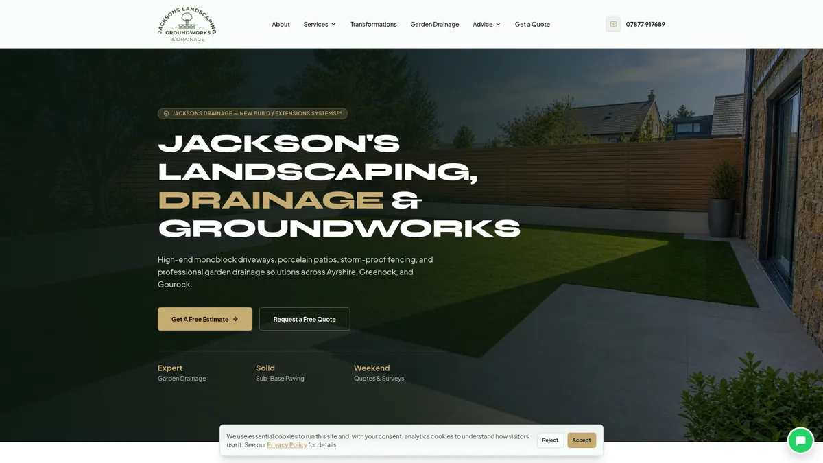 Jacksons Landscaping, Groundworks and Drainage homepage — new website designed and built by Corrie D Marketing