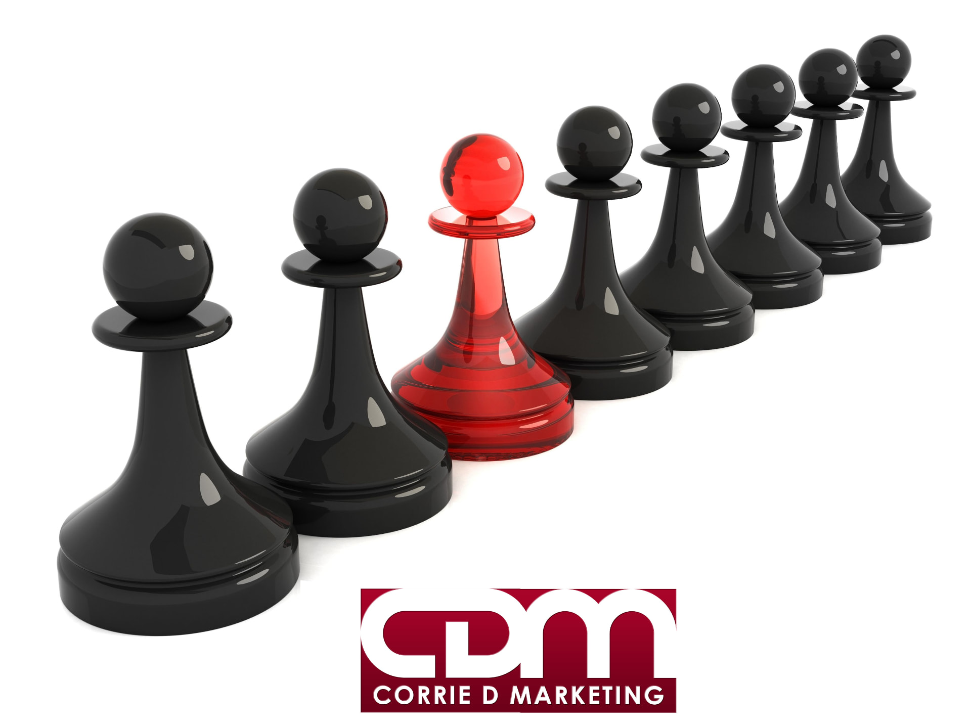 A single red chess pawn standing out in a line of black pawns, branded Corrie D Marketing