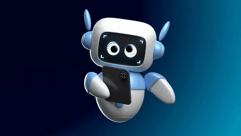 Animated AI assistant robot holding a smartphone — Corrie D Marketing AI services