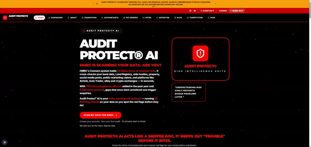 Audit Protect AI homepage — HMRC risk intelligence suite built by Corrie D Marketing