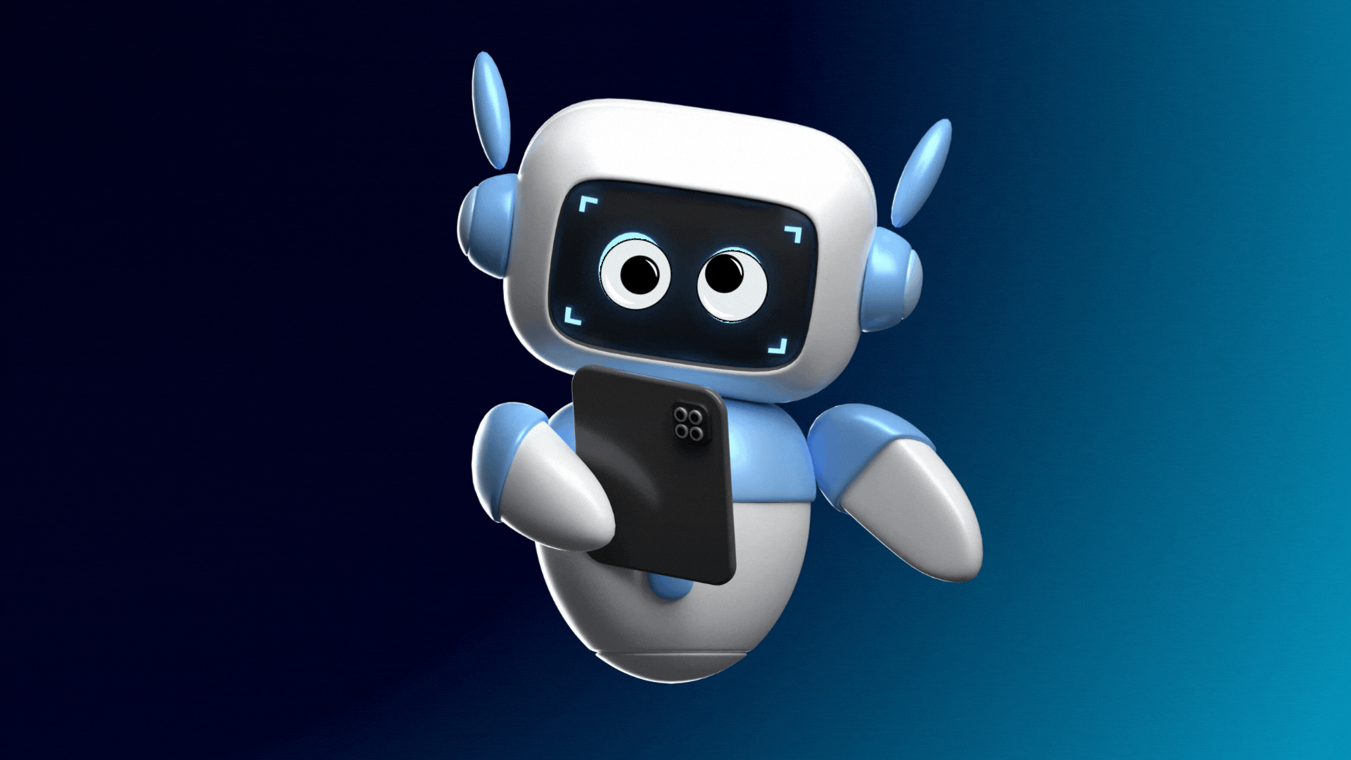 Animated AI assistant robot holding a smartphone — Corrie D Marketing AI services