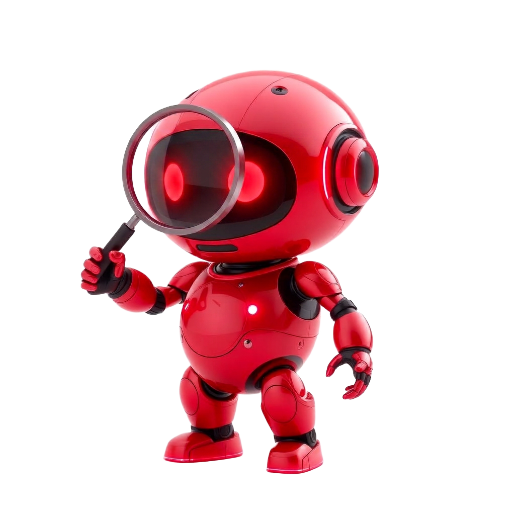 The CDM AI robot mascot holding a magnifying glass, inspecting how businesses get found in AI search
